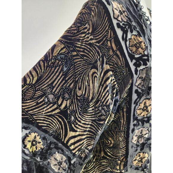 Vtg Aris A Piano Fringe Velvet Burnout Dramatic Open Jacket Black & Amber OS - Picture 6 of 10